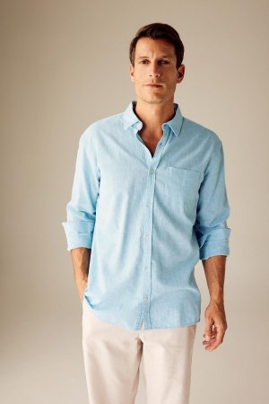 Льняная рубашка обычного кроя с воротником поло и длинными рукавами, синий DeFacto