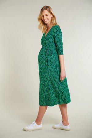 Зеленое платье из натурального хлопка с леопардовым принтом коллекции для беременных и кормящих женщин , зеленый Frugi