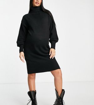 Черное платье-джемпер с объемными рукавами и высоким воротником -Черный цвет Pieces Maternity