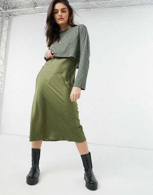 Комплект «2 в 1» из лонгслива и атласного платья-комбинации оливково-зеленого цвета Beno-Зеленый цвет AllSaints
