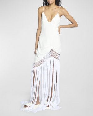 Платье макси из коллаборации с Paula's Ibiza V-образным вырезом и длинной бахромой Loewe