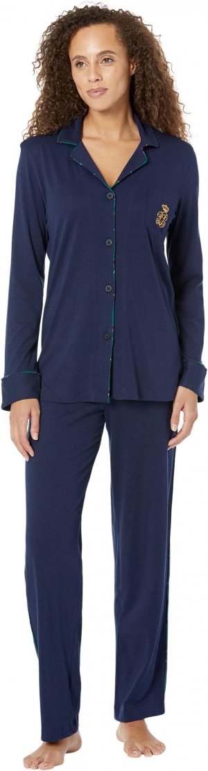 Вязаный длинный пижамный комплект с воротником-стойкой и длинными рукавами LAUREN Ralph Lauren, темно-синий