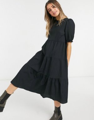 Многоярусное фактурное платье миди с присборенной юбкой черного цвета -Черный цвет New Look