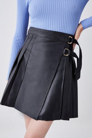 Кожаная плиссированная юбка-килт с пряжкой , черный Karen Millen