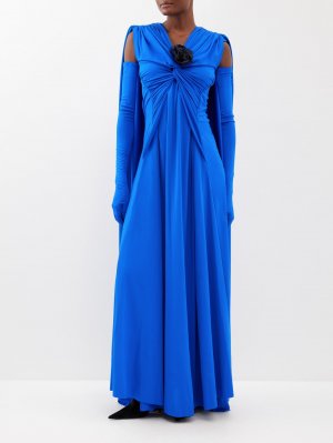 Атласное платье с рукавами-перчатками и аппликацией в виде роз, синий Richard Quinn