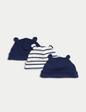 3 шт. хлопковые шапки в полоску и с ушками (0–1 год) , индиго микс Marks & Spencer