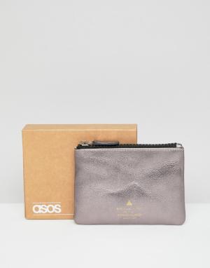 Кожаный бумажник на молнии с эффектом металлик и тисненым логотипом -Серебряный ASOS DESIGN