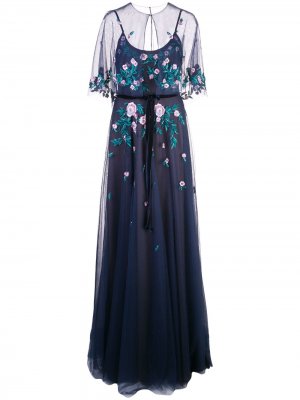 Платье из тюля с кейпом Marchesa Notte. Цвет: синий