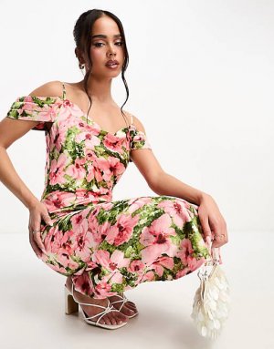 Атласное платье миди с открытыми плечами розового цвета цветочным принтом Hope & Ivy