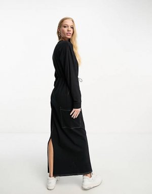Черное спортивное платье макси с длинными рукавами DESIGN Asos