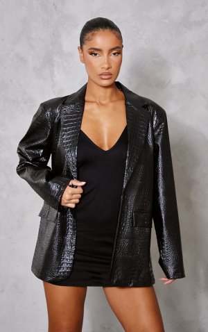 Черный - Большой пиджак из искусственной кожи с текстурой под крокодила PrettyLittleThing