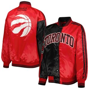 Женская базовая университетская куртка черного/красного цвета с разрезом цветными блоками и атласной университетской курткой длинными кнопками Toronto Raptors Starter