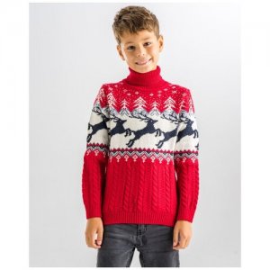 Детский свитер красный с оленями для мальчиков Pulltonic. Цвет: красный