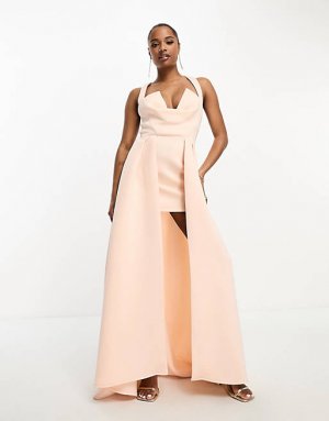 Персиково-розовое платье макси премиум-класса с v-образным вырезом и объемной внешней юбкой ASOS DESIGN Petite
