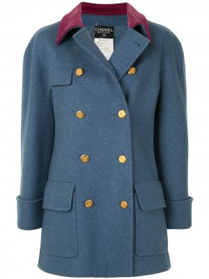 Двубортное пальто Chanel Pre-Owned. Цвет: синий
