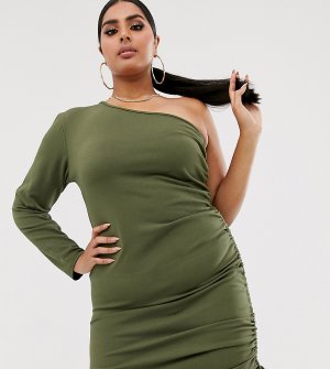 Платье мини цвета хаки на одно плечо с длинными рукавами и сборками сбоку -Зеленый Fashionkilla Plus