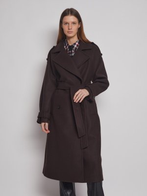 Двубортное пальто-тренч с поясом zolla. Цвет: коричневый