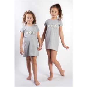 Сорочка ночная для девочки , 3-9 лет, 98-128 см, серый меланж, с принтом/ ночнушка девочки/ рубашка сна Diva Kids. Цвет: серый