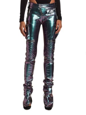 Переливающиеся узкие брюки в стиле мото Laquan Smith, цвет Iridescent Violet Smith