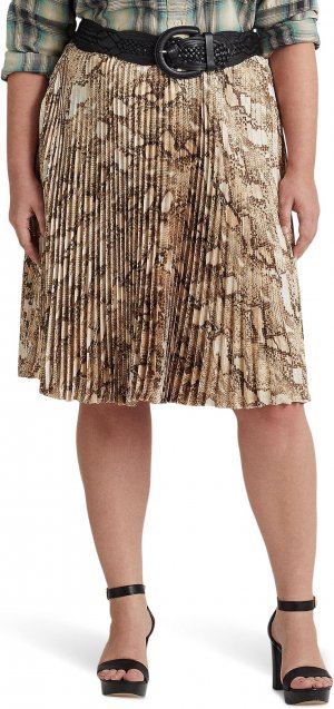 Плиссированная юбка из шармёза со змеиным принтом больших размеров LAUREN Ralph Lauren, цвет Cream Multi