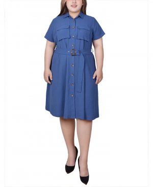 Платье-рубашка больших размеров с короткими рукавами и поясом NY Collection, синий Collection