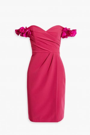 Мини-платье из эластичного крепа с открытыми плечами и цветочной аппликацией MARCHESA NOTTE, фуксия Notte