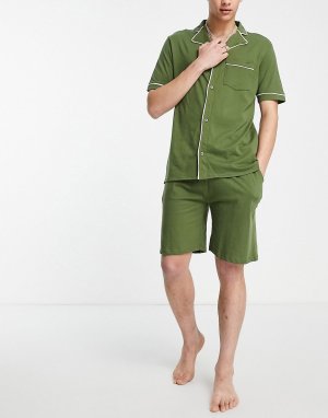 Пижамный комплект цвета хаки из рубашки с короткими рукавами и шорт -Зеленый цвет Brave Soul