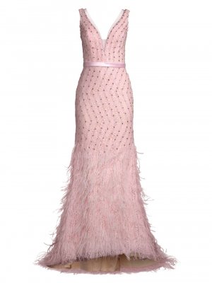 Платье с глубоким вырезом и V-образным вырезом, украшенное перьями , розовый Basix