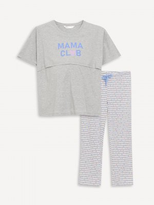 Пижамный комплект для беременных с круглым вырезом и принтом короткими рукавами LCW DREAM, экрю Dream