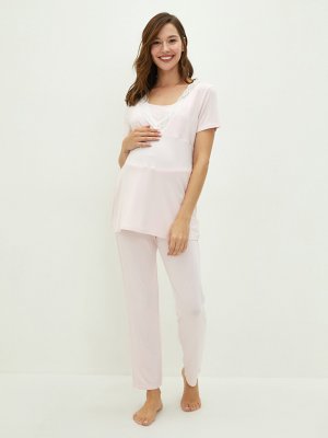 Пижамный комплект для беременных с V-образным вырезом и кружевом короткими рукавами LCW DREAM