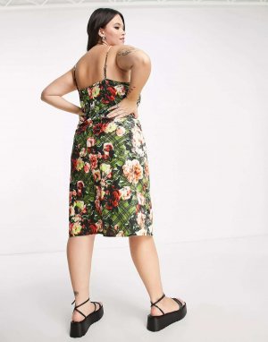 Разноцветное бархатное платье миди COLLUSION Plus с воротником-хомутом и цветочным принтом