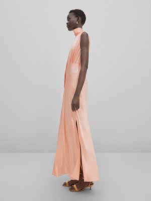 Длинное атласное платье с высоким воротом , персиковый Massimo Dutti