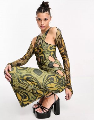 Платье макси High Neck Bodycon Printed With Detachable Sleeves, зеленый The Kript