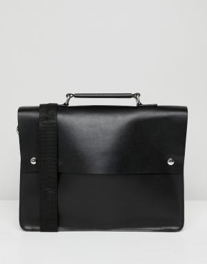Черная кожаная сумка сэтчел с кнопками и отделением для ноутбука ASOS DESIGN. Цвет: черный