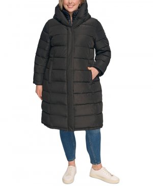 Женское пуховое пальто больших размеров с капюшоном и нагрудником , черный DKNY