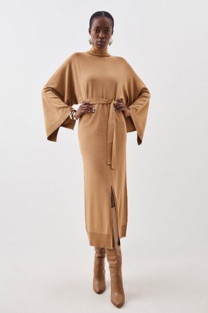 Трикотажное платье миди из смесовой вискозы с воротником-воронкой и поясом , бежевый Karen Millen