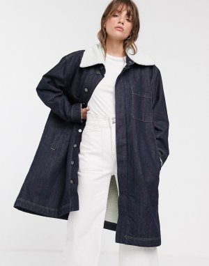 Джинсовое oversize-пальто с воротником из искусственного меха -Темно-синий Waven