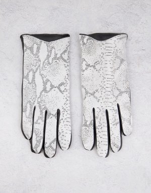Серые перчатки из натуральной кожи со змеиным принтом -Серый Barneys Originals