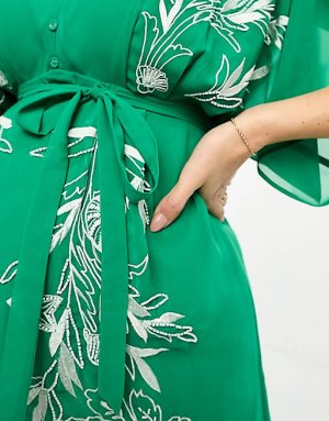 Зеленое платье миди с глубоким вырезом спереди и вышивкой Maternity Hope & Ivy