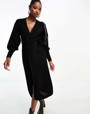 Эксклюзивное черное трикотажное платье-джемпер миди с запахом In The Style