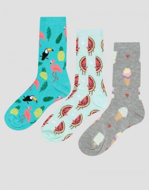 3 пары носков с арбузами и мороженым New Look. Цвет: зеленый