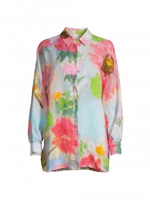 Курортная льняная рубашка с цветочным принтом на пуговицах спереди 120% Lino