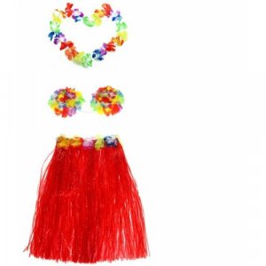Набор гавайское ожерелье 96 см, лиф Лилия лифчик из цветов, юбка красная 60 см Happy Pirate. Цвет: красный