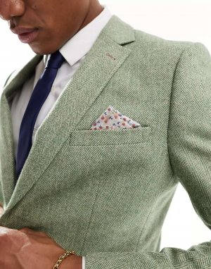 Зеленый пиджак приталенного кроя из смеси шерсти Wedding с узором «елочка» Harry Brown