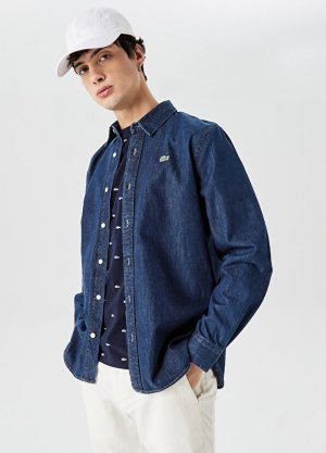 Джинсовая темно-синяя мужская рубашка стандартного кроя Lacoste