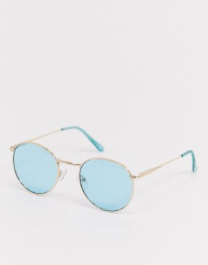 Круглые солнцезащитные очки в золотистой металлической оправе с бирюзовыми стеклами -Синий ASOS DESIGN