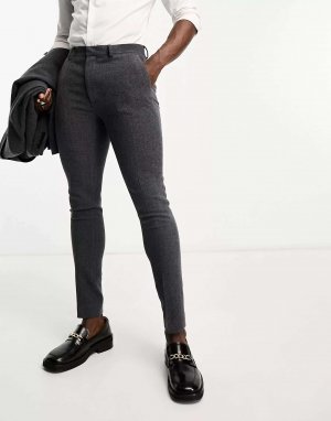 Суперскинни из смесовой шерсти темно-серые костюмные брюки с узором «елочка» Asos. Цвет: серый