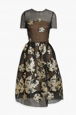 Платье миди металлизированного цвета из смесового шелка, органзы и жаккарда OSCAR DE LA RENTA, черный Renta