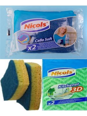 Набор Николс  Губки для посуды из целлюлозы Cello Soft +kithcenent3D Nicol's. Цвет: голубой