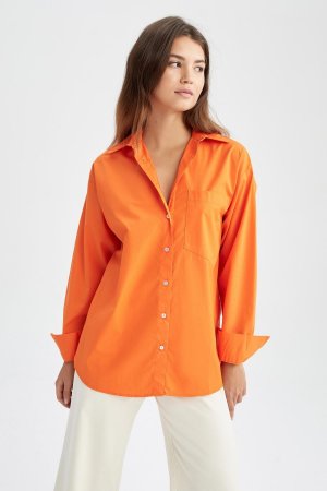 Рубашка оверсайз из 100% хлопка поплина с длинными рукавами , оранжевый DeFacto